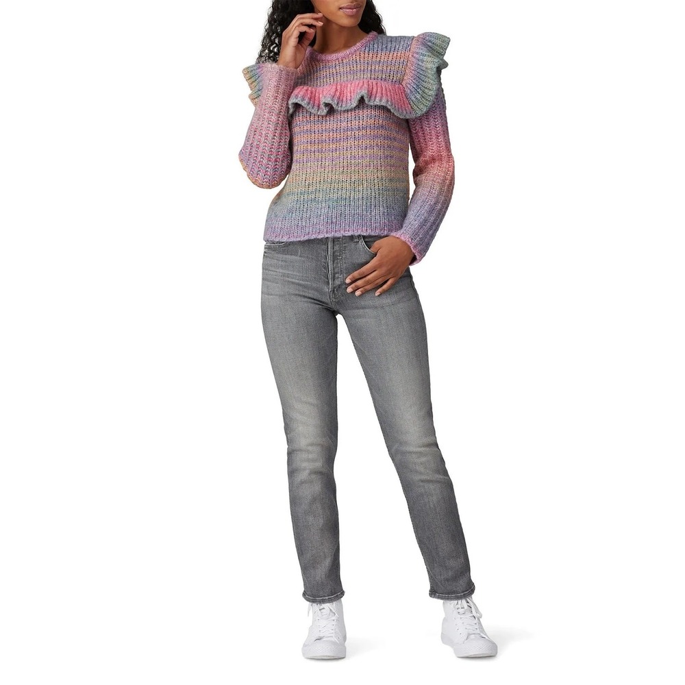 LoveShackFancy Yumi Pastel Rainbow Ruffle Space Dye Knit Sweater Pink Purple - Picture 10 of 13